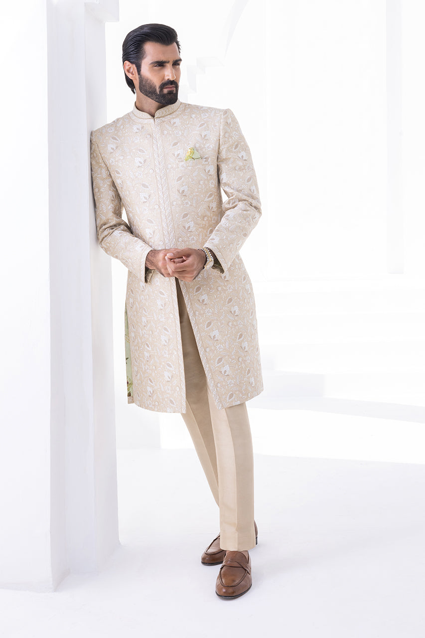 Ivory Hath Aari Self Jamawar Sherwani (2-Piece) - Image 1