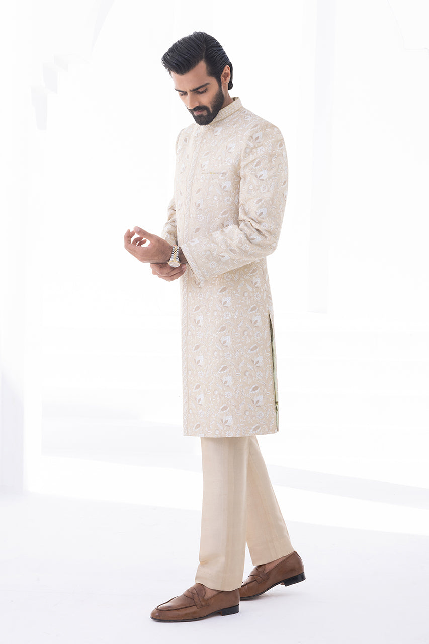 Ivory Hath Aari Self Jamawar Sherwani (2-Piece) - Image 2