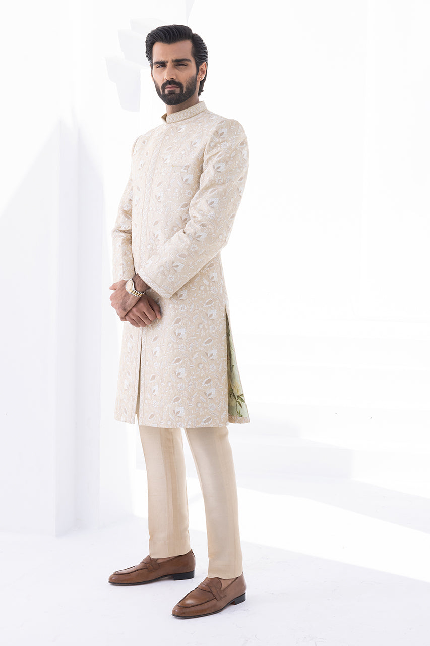 Ivory Hath Aari Self Jamawar Sherwani (2-Piece) - Image 4