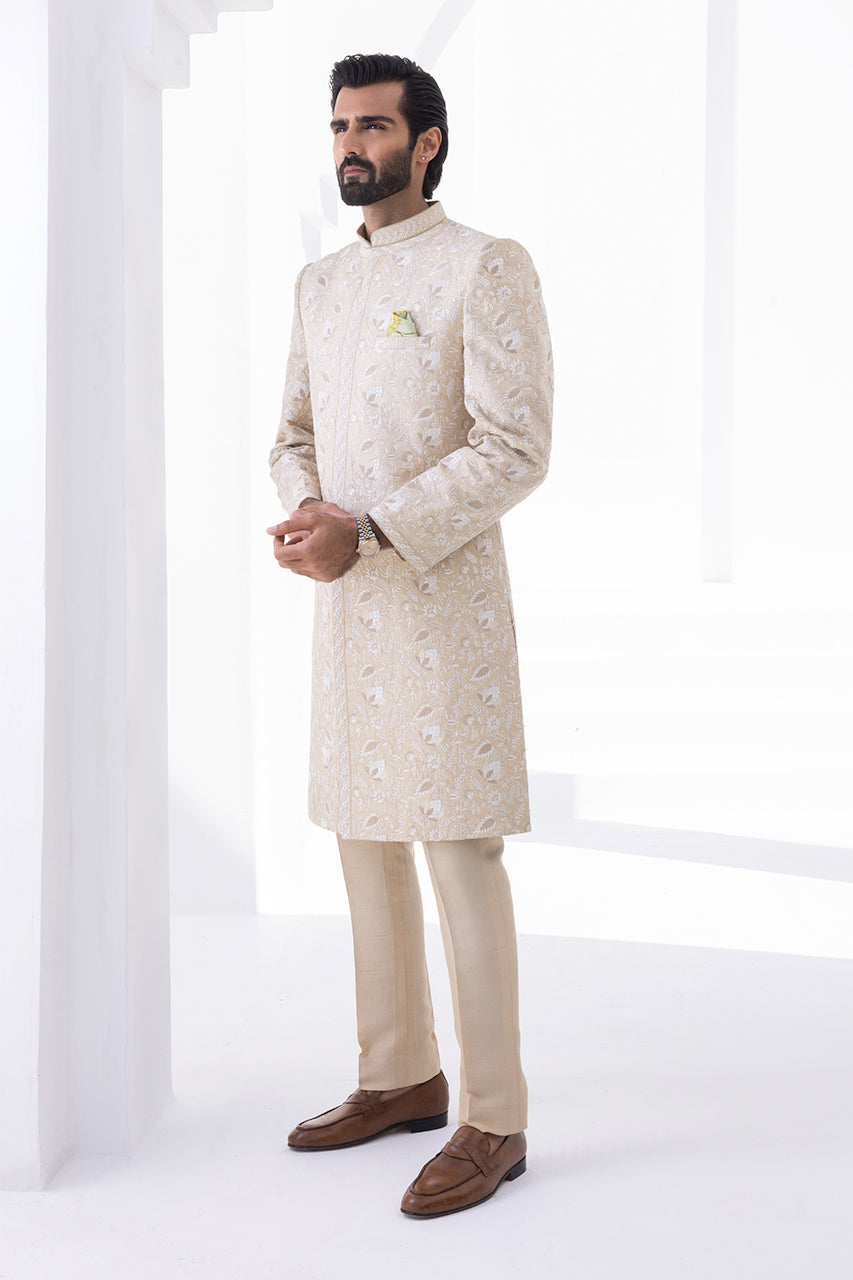 Ivory Hath Aari Self Jamawar Sherwani (2-Piece) - Image 5