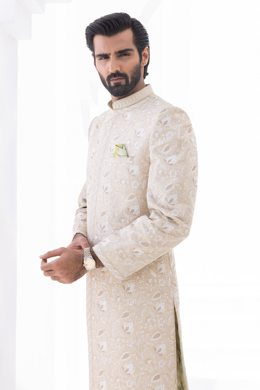 Ivory Hath Aari Self Jamawar Sherwani (2-Piece) - Image 6