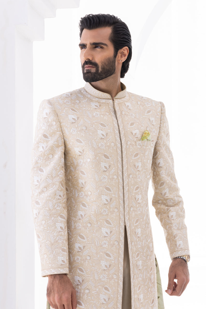 Ivory Hath Aari Self Jamawar Sherwani (2-Piece) - Image 8