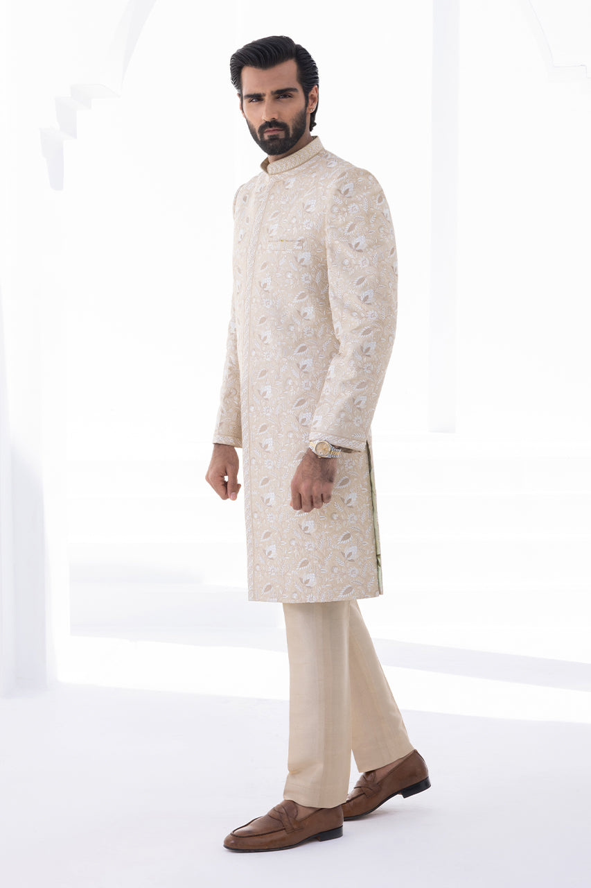 Ivory Hath Aari Self Jamawar Sherwani (2-Piece) - Image 9