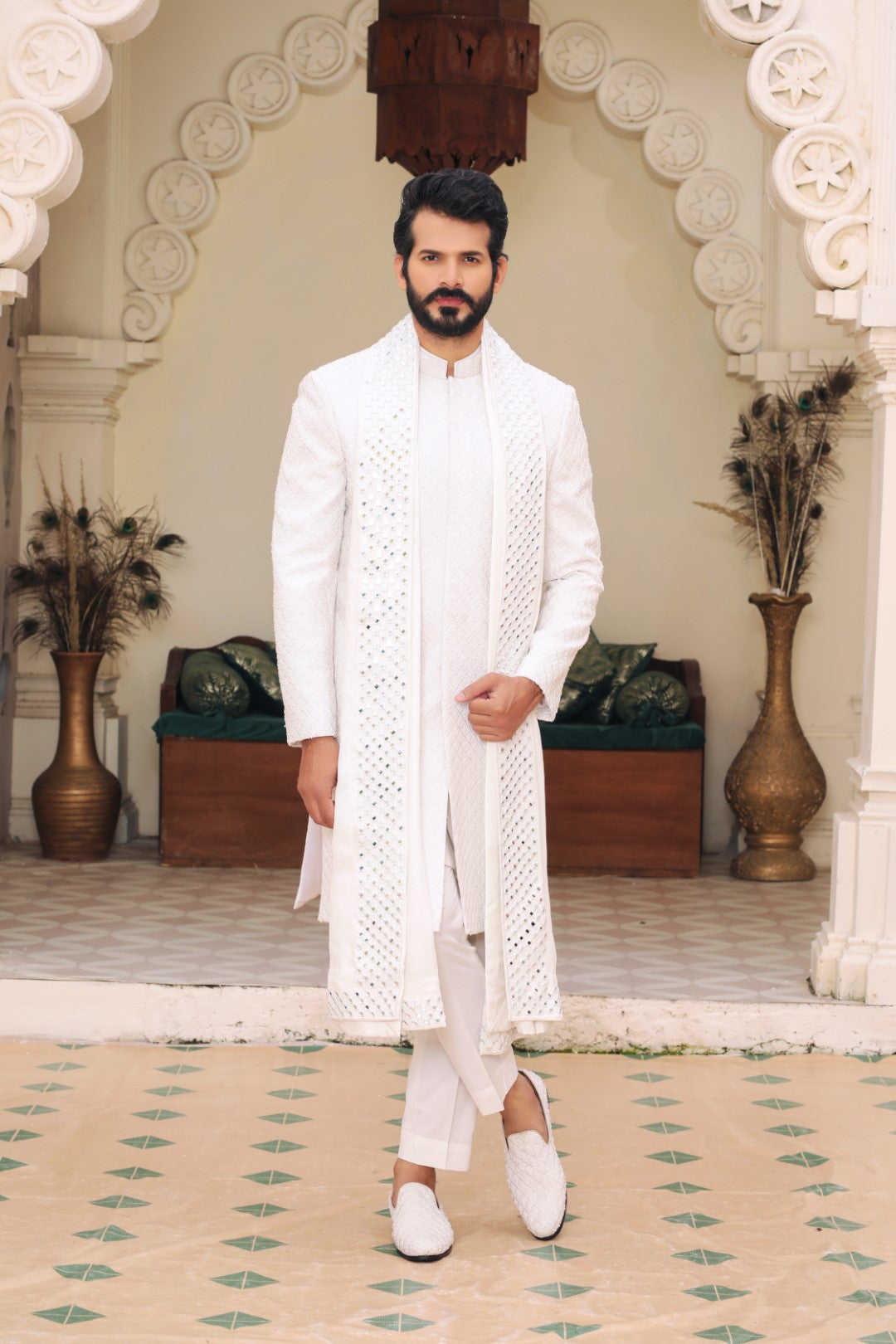 Ivory White Ada & Mirror Work Silk Sherwani (3-Piece) - Image 1