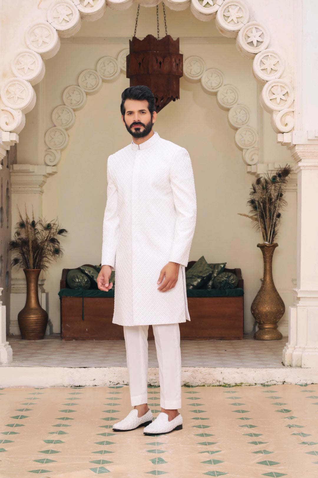 Ivory White Ada & Mirror Work Silk Sherwani (3-Piece) - Image 2