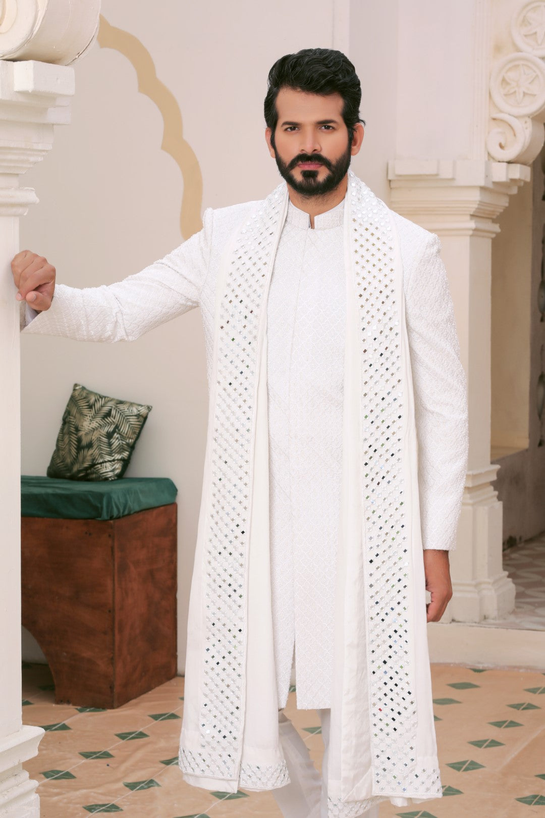 Ivory White Ada & Mirror Work Silk Sherwani (3-Piece) - Image 3
