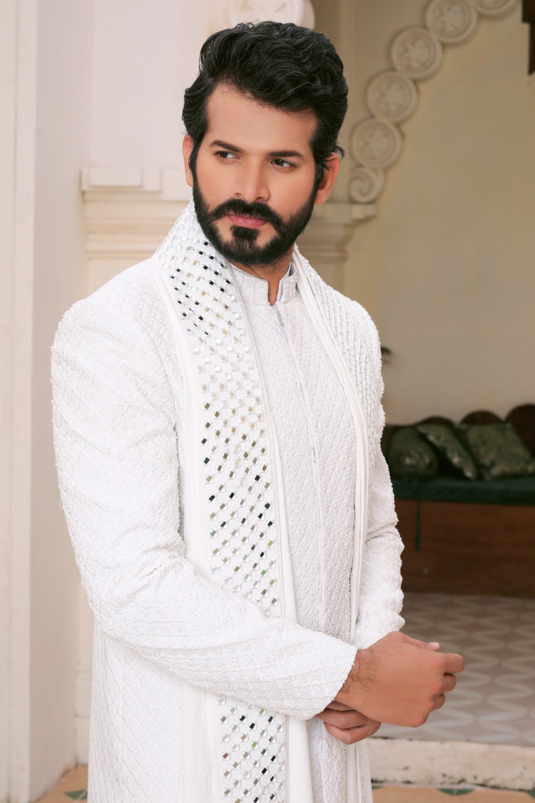 Ivory White Ada & Mirror Work Silk Sherwani (3-Piece) - Image 4