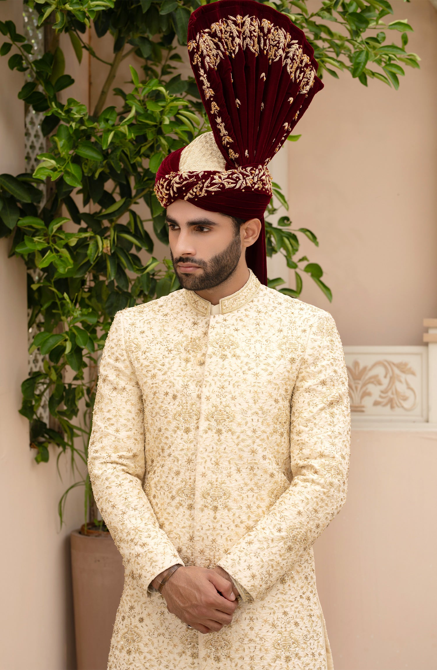 Ivory Cream Adaa Embroidered Silk Sherwani (3-Piece) - Image 2