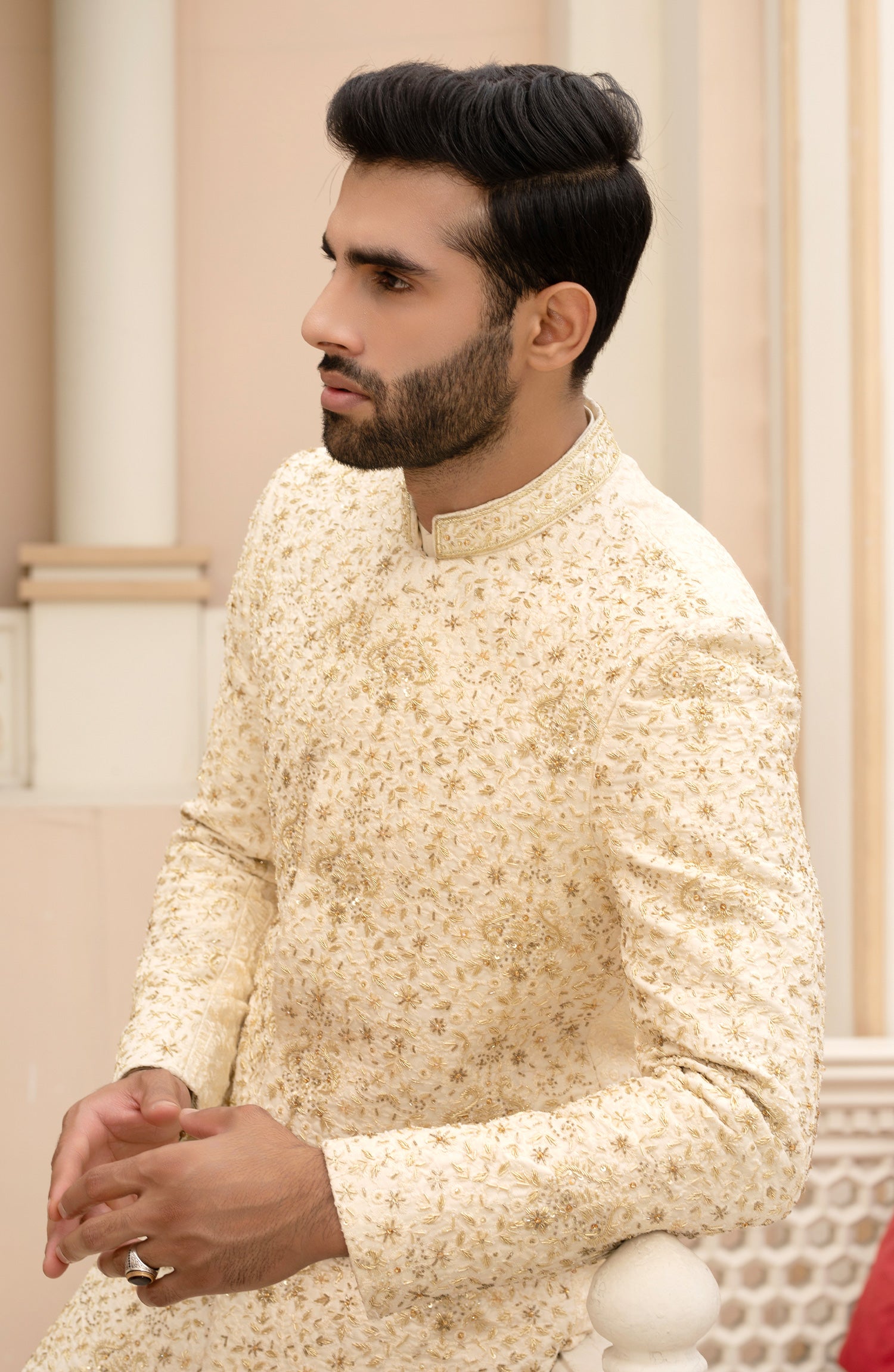 Ivory Cream Adaa Embroidered Silk Sherwani (3-Piece) - Image 4