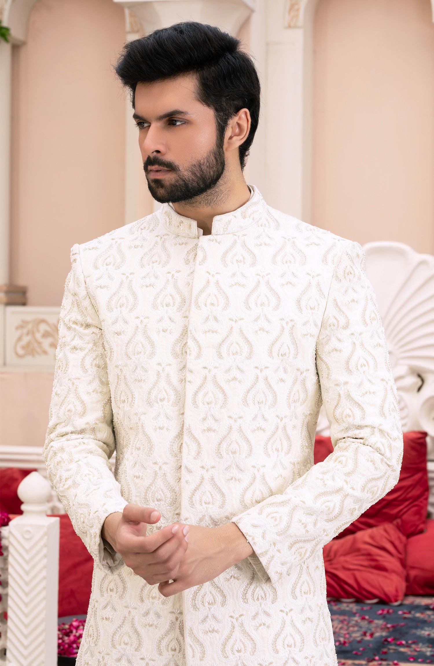 Ivory Embroidered Silk Sherwani (3-Piece) - Image 2
