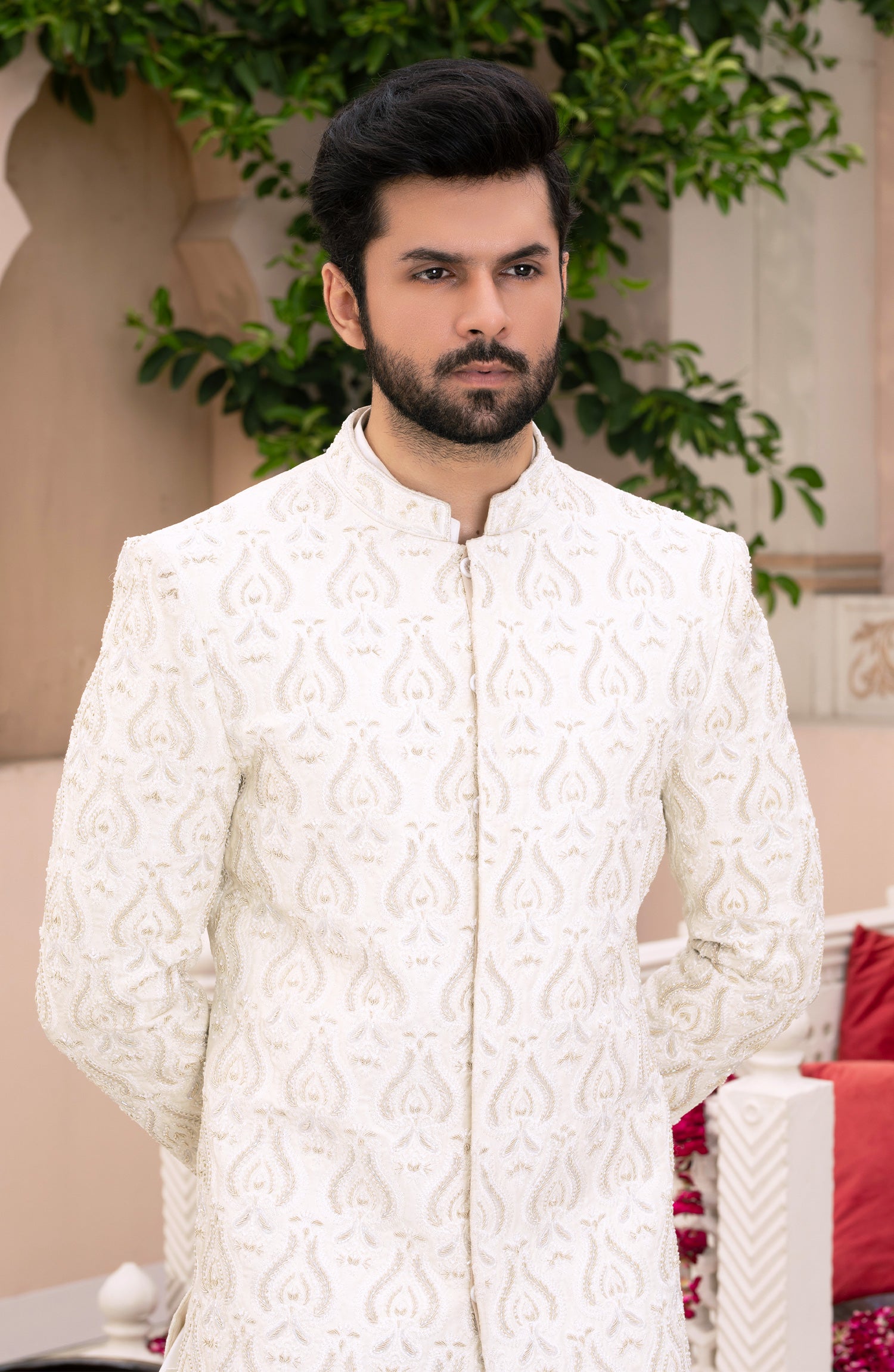 Ivory Embroidered Silk Sherwani (3-Piece) - Image 4