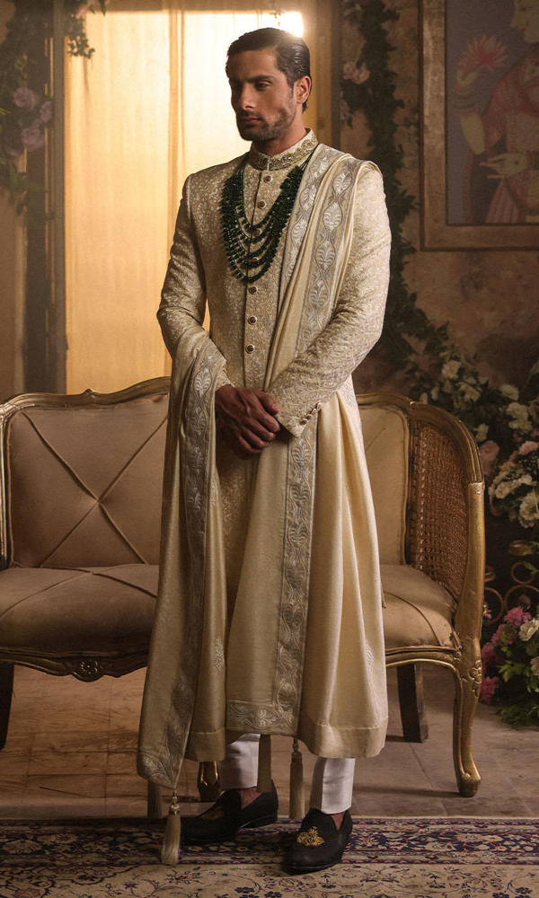 Off-White Embroidered Silk-Blend Groom Sherwani (3-Piece) - Image 2