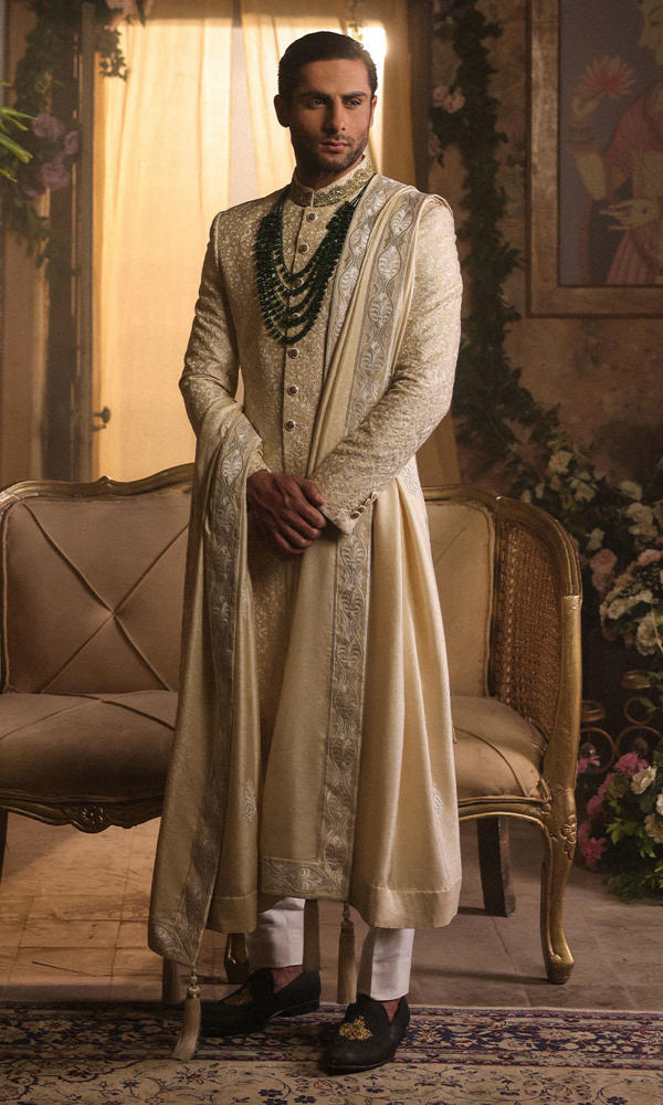 Off-White Embroidered Silk-Blend Groom Sherwani (3-Piece) - Image 6