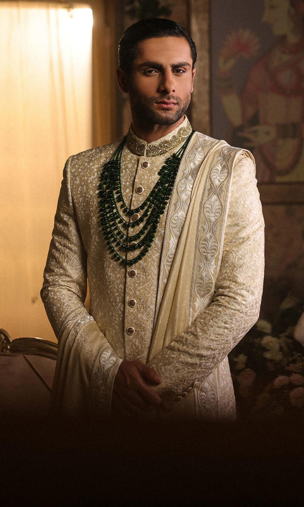 Off-White Embroidered Silk-Blend Groom Sherwani (3-Piece) - Image 7