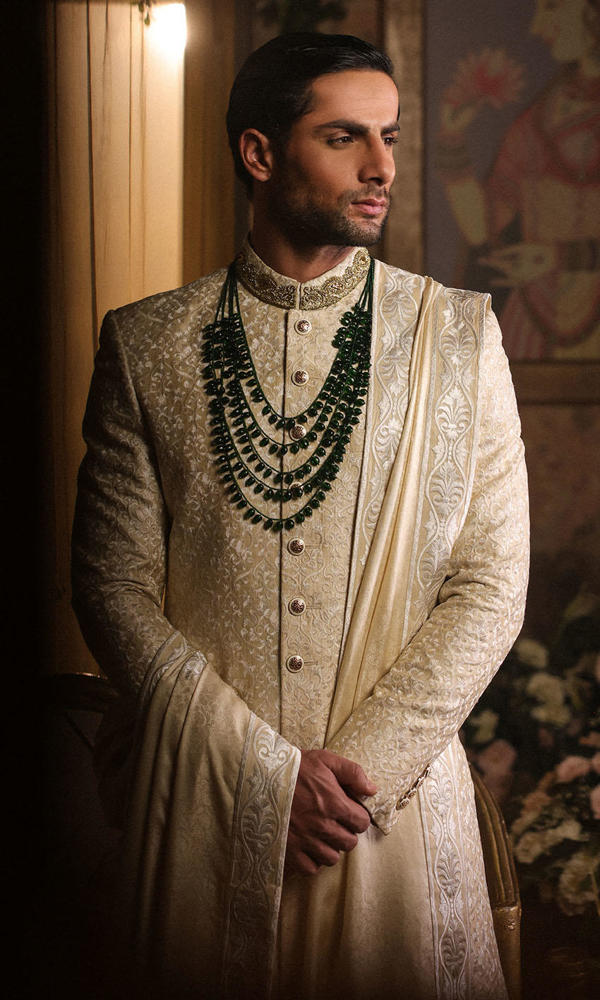 Off-White Embroidered Silk-Blend Groom Sherwani (3-Piece) - Image 8