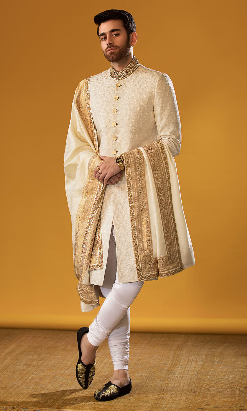 Ivory Self-Embroidered Silk Blend Sherwani (3-Piece) - Image 1