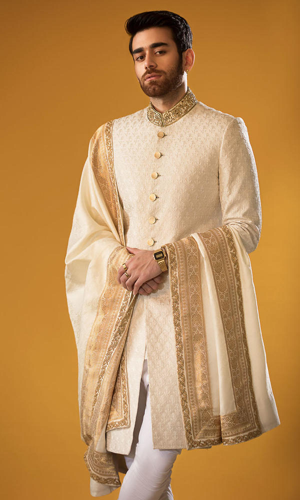Ivory Self-Embroidered Silk Blend Sherwani (3-Piece) - Image 3