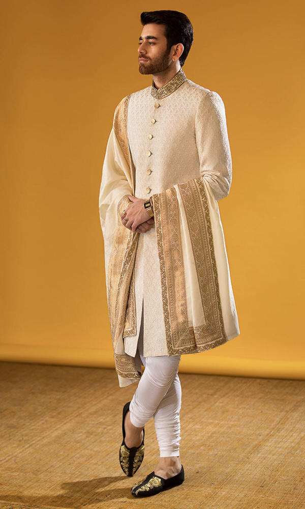 Ivory Self-Embroidered Silk Blend Sherwani (3-Piece) - Image 4