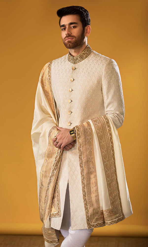 Ivory Self-Embroidered Silk Blend Sherwani (3-Piece) - Image 5