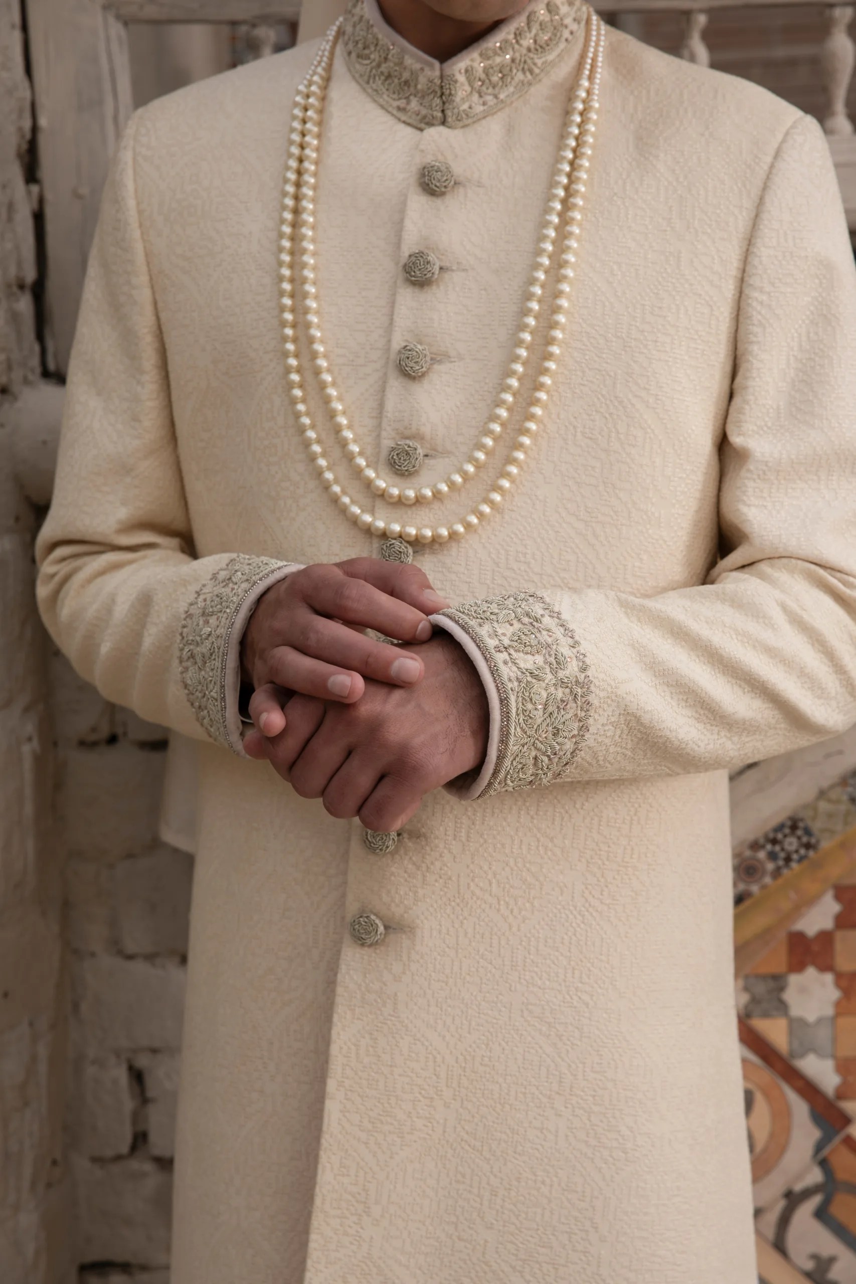 Off-White Embroidered Silk-Blend Groom Sherwani (2-Piece) - Image 1