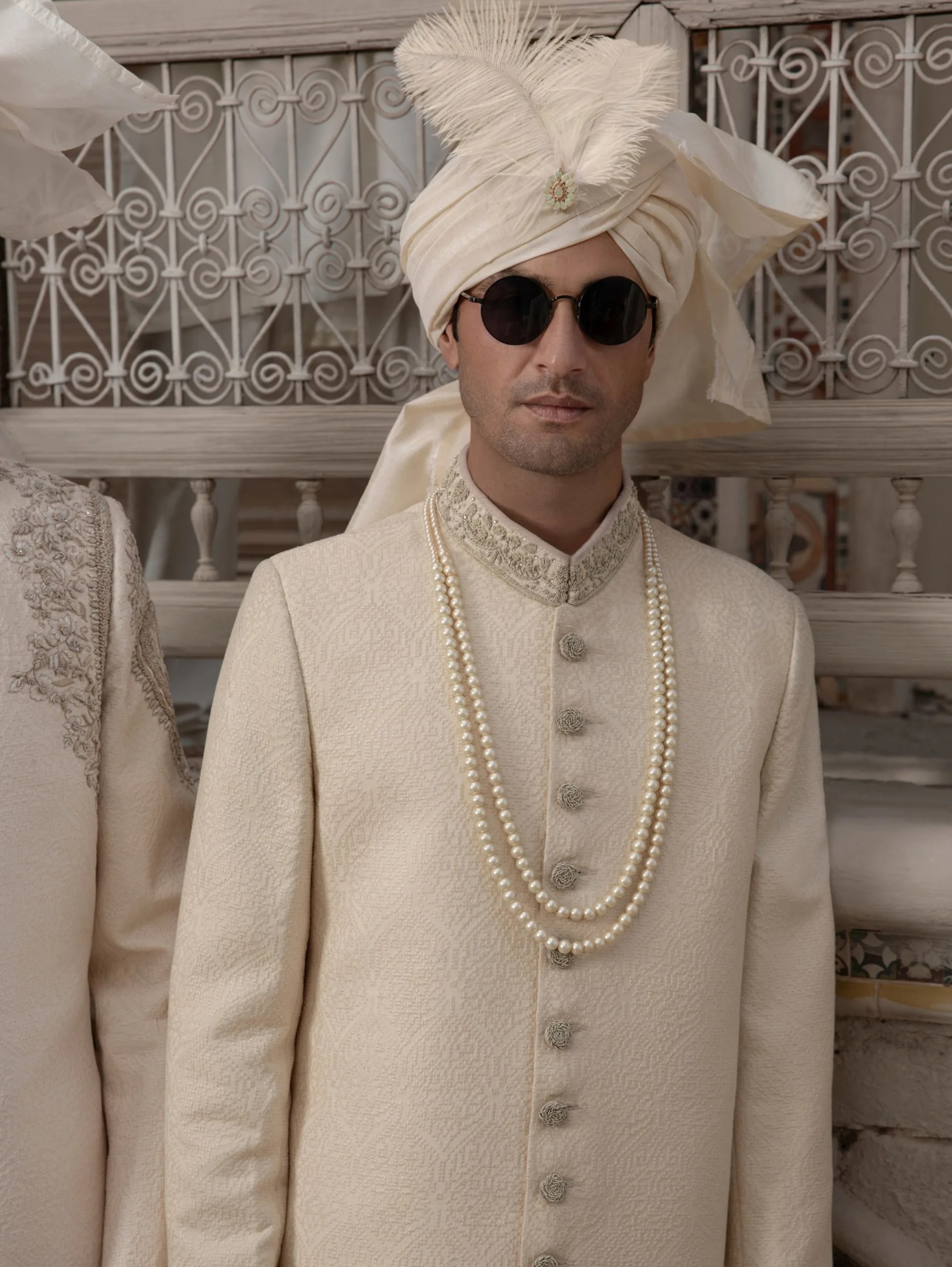 Off-White Embroidered Silk-Blend Groom Sherwani (2-Piece) - Image 2