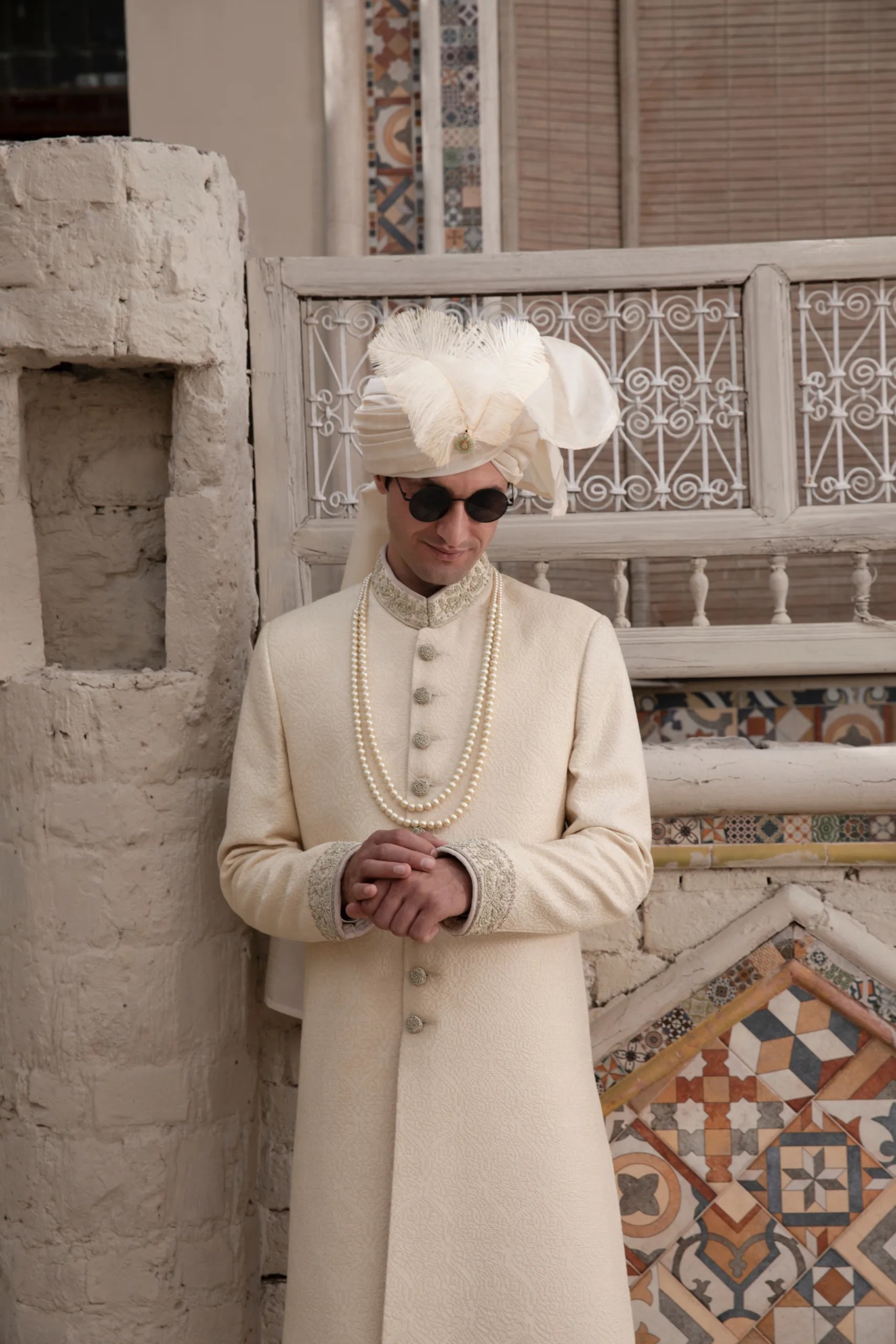 Off-White Embroidered Silk-Blend Groom Sherwani (2-Piece) - Image 3