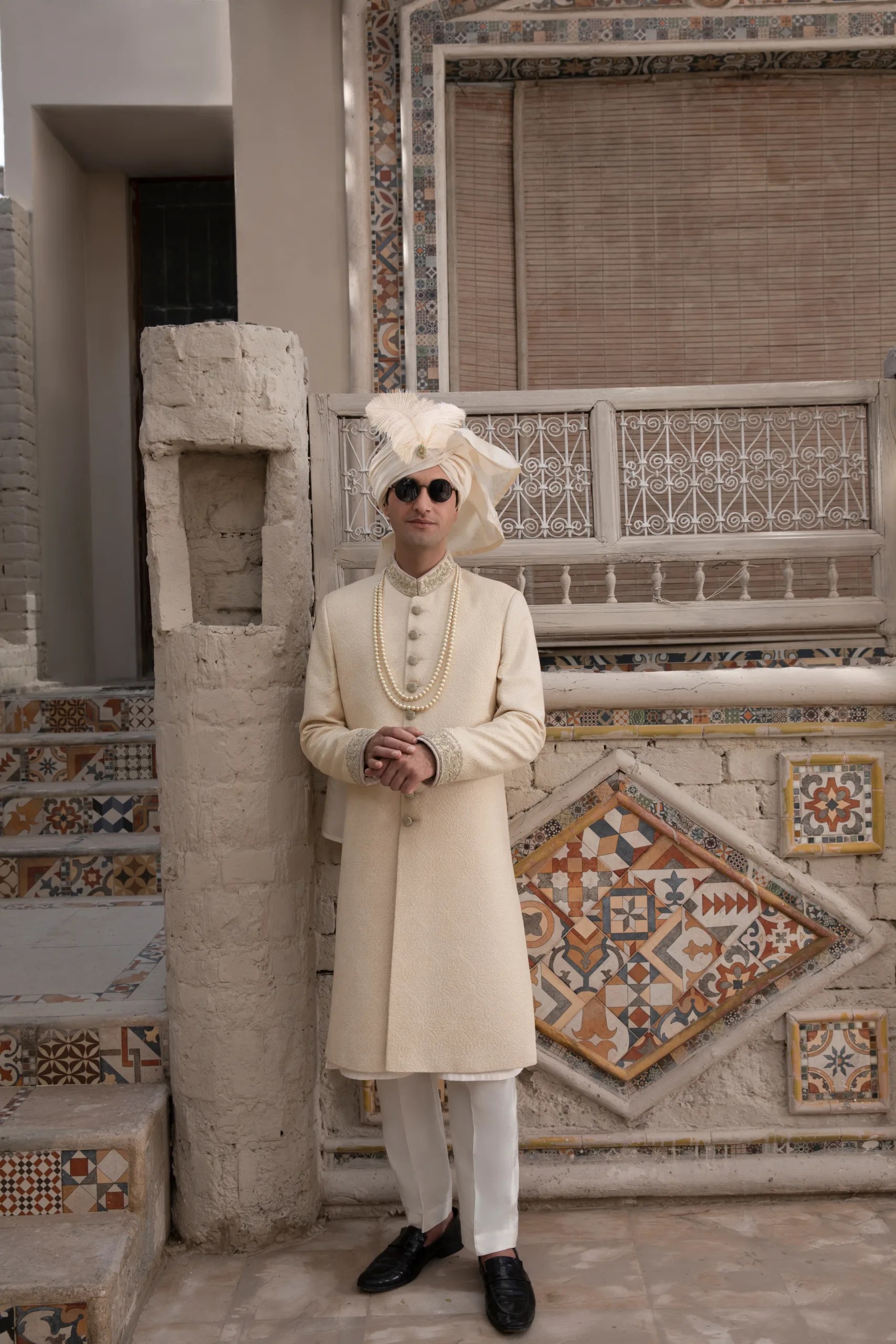 Off-White Embroidered Silk-Blend Groom Sherwani (2-Piece) - Image 4
