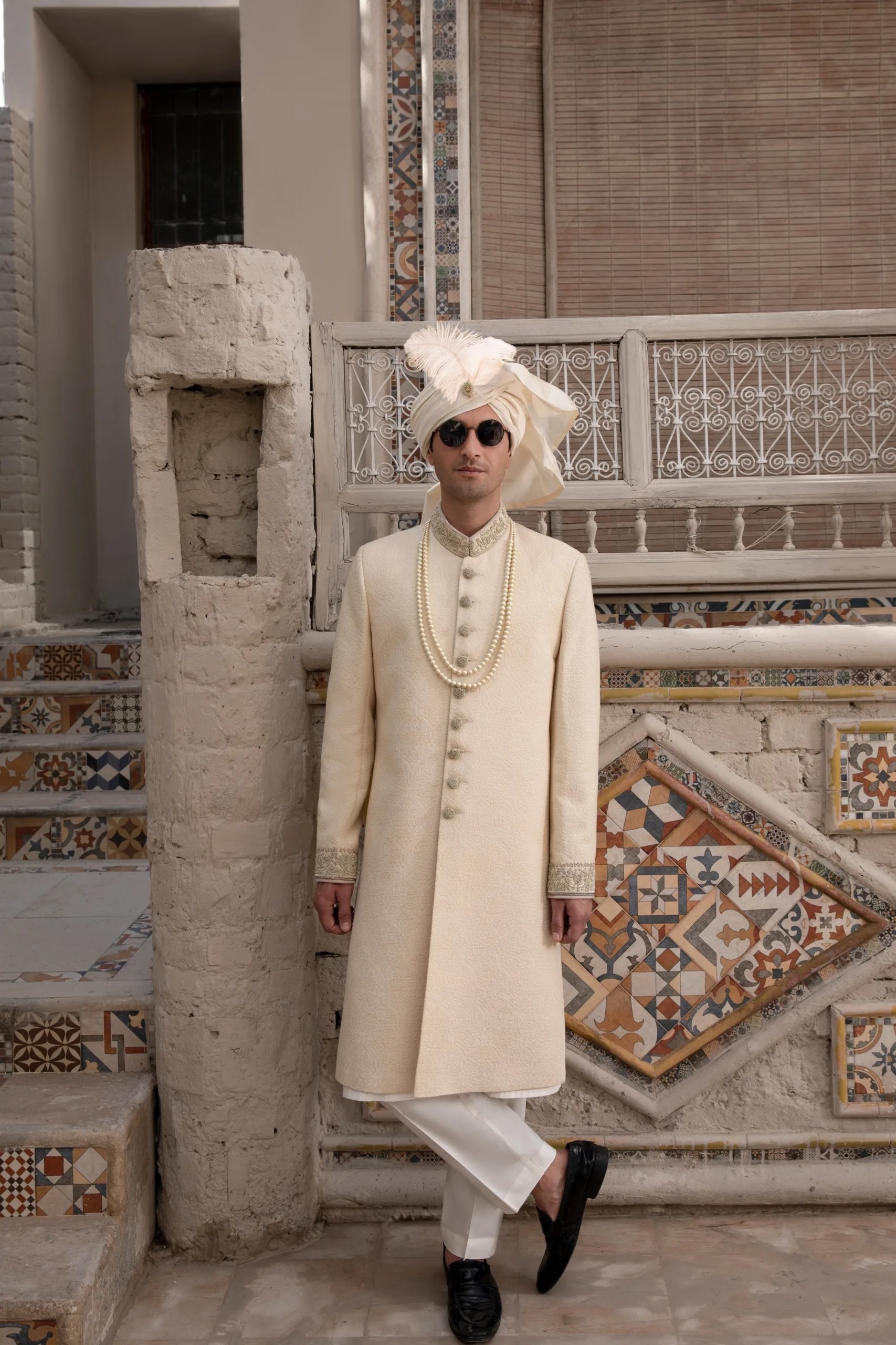 Off-White Embroidered Silk-Blend Groom Sherwani (2-Piece) - Image 5