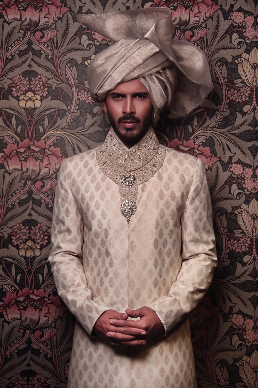 Alabaster Off-White Jacquard Sherwani (3-Piece) - Image 1