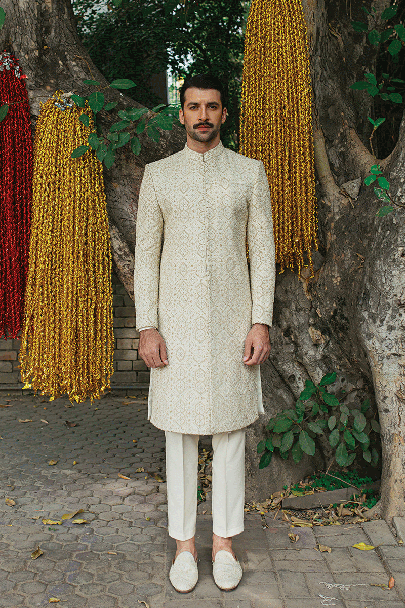 Ivory Gold Hand-Embellished Silk Blend Sherwani (3-Piece) - Image 1