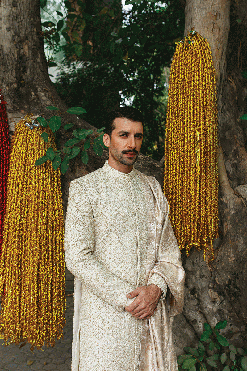Ivory Gold Hand-Embellished Silk Blend Sherwani (3-Piece) - Image 3