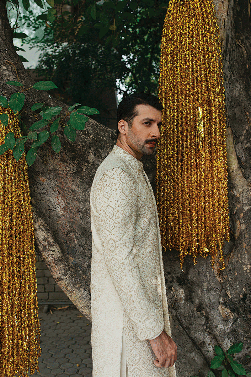 Ivory Gold Hand-Embellished Silk Blend Sherwani (3-Piece) - Image 4