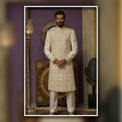 Ivory Embroidered Silk-Blend Sherwani (2-Piece) - Image 2