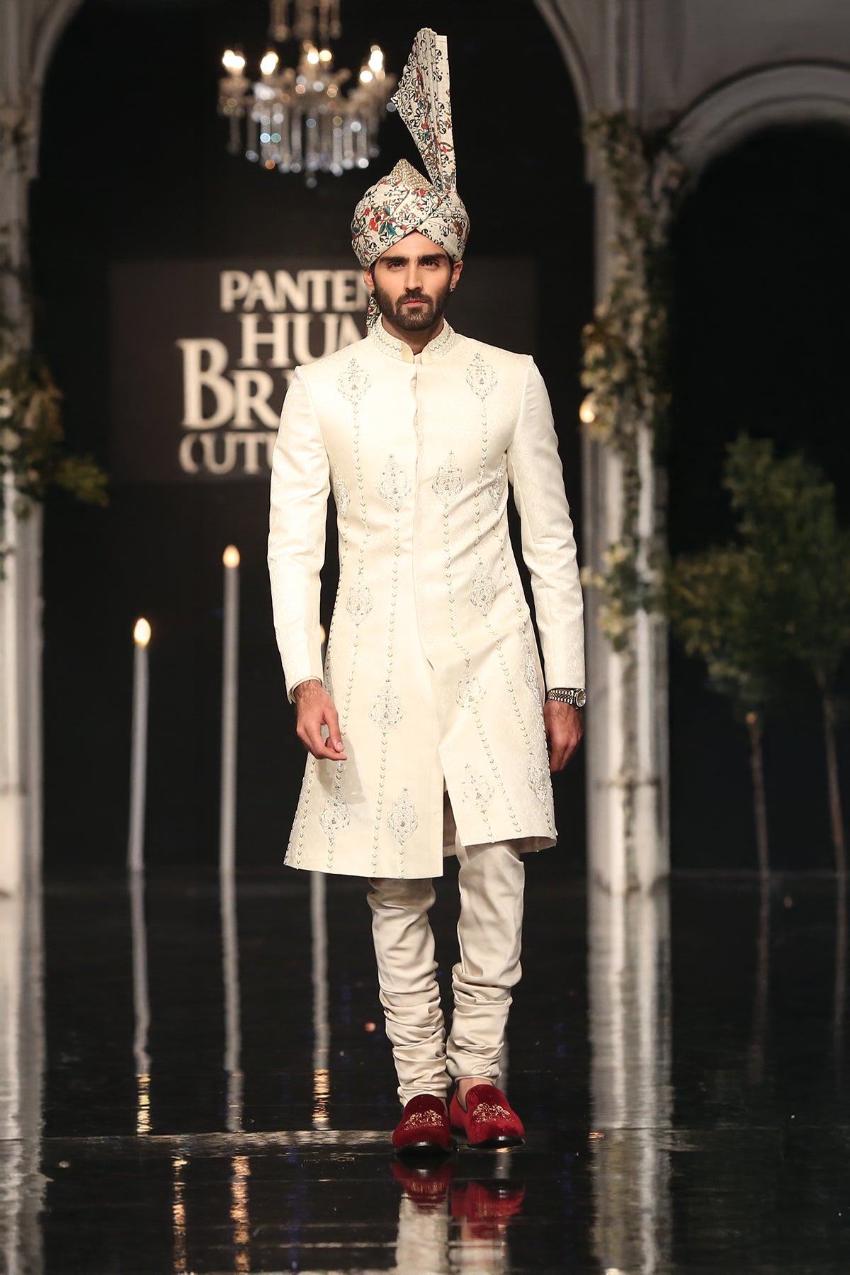 Ivory Embroidered Silk Blend Sherwani (2-Piece) - Image 1