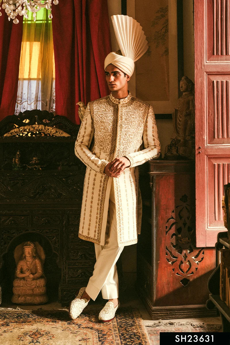 Off-White Gold-Embellished Silk-Blend Groom Sherwani (4-Piece) - Image 1