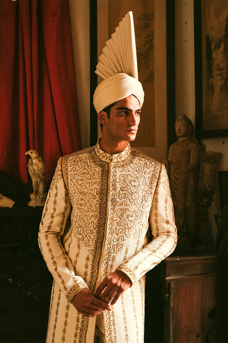 Off-White Gold-Embellished Silk-Blend Groom Sherwani (4-Piece) - Image 4