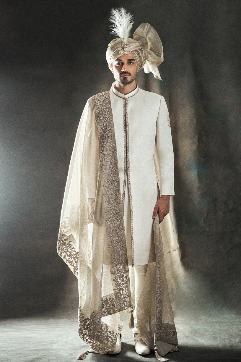 Off-White Embroidered Silk-Blend Groom Sherwani (3-Piece) - Image 1