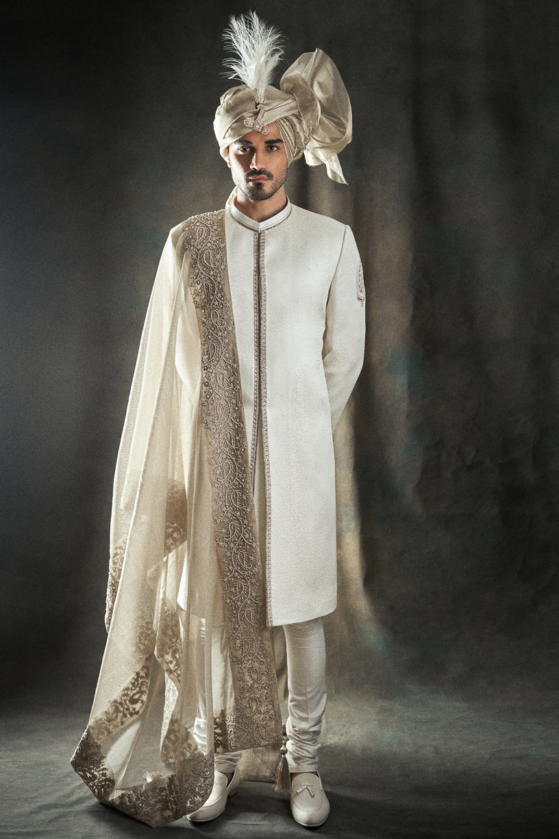 Off-White Embroidered Silk-Blend Groom Sherwani (3-Piece) - Image 2