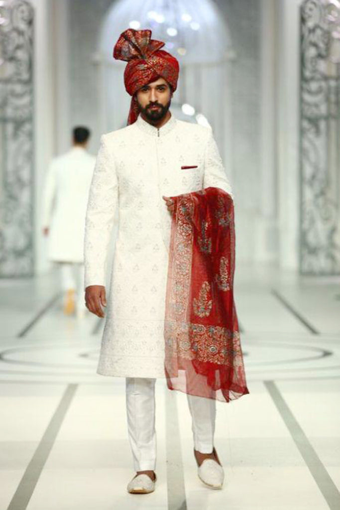 Ivory Embroidered Silk-Blend Sherwani (3-Piece) - Image 1