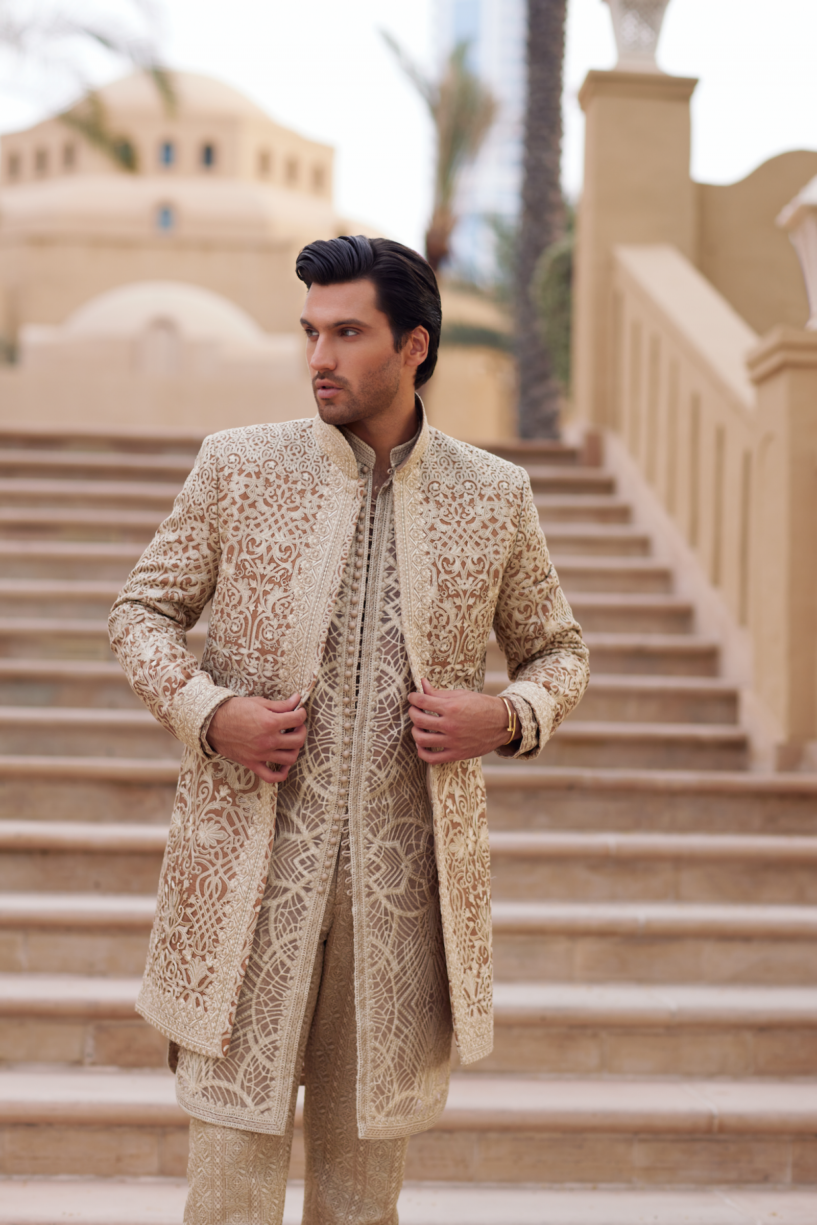 Ivory Beige Embroidered Silk-Blend Sherwani (3-Piece) - Image 1