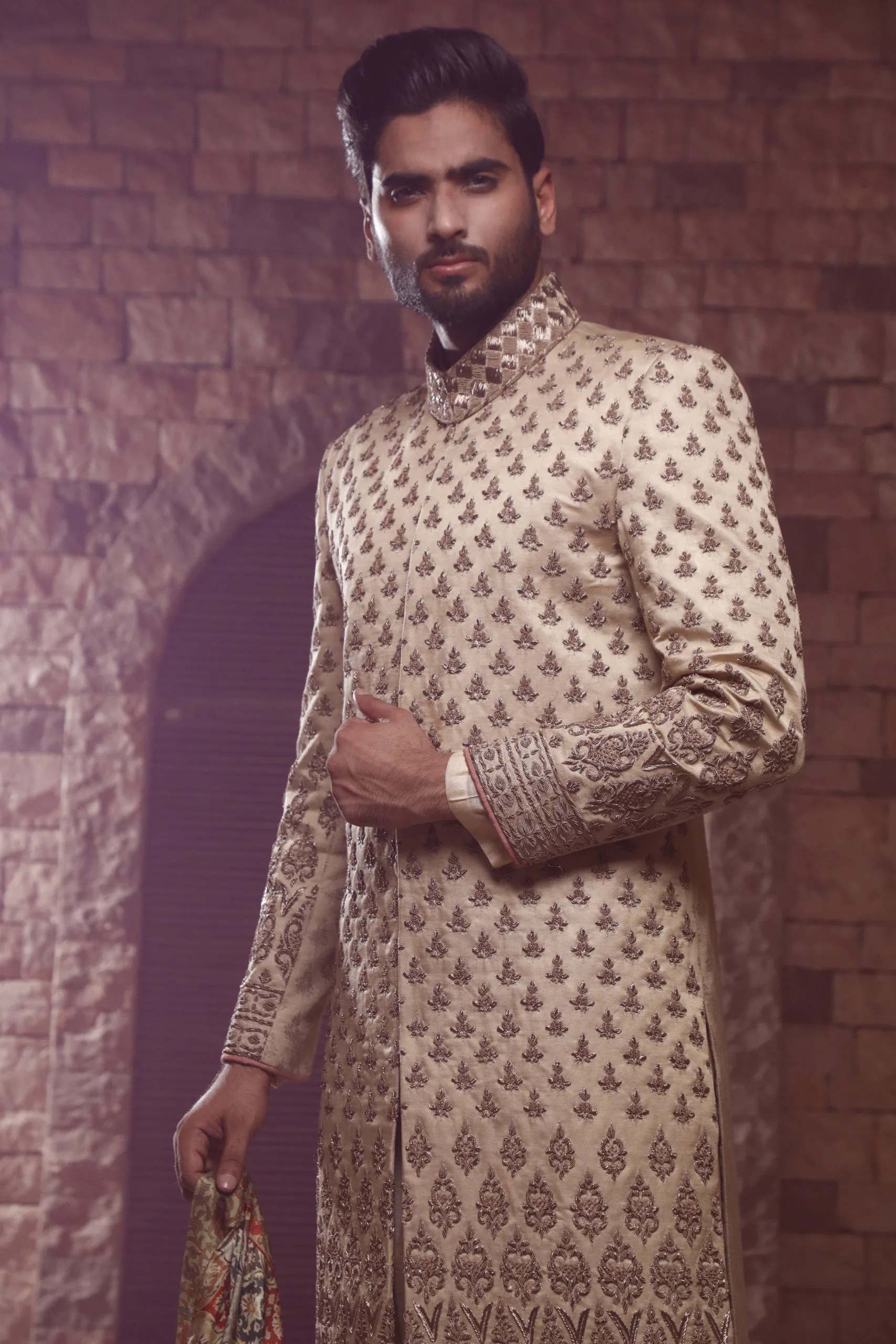Off-White Embroidered Silk-Blend Groom Sherwani (3-Piece) - Image 1