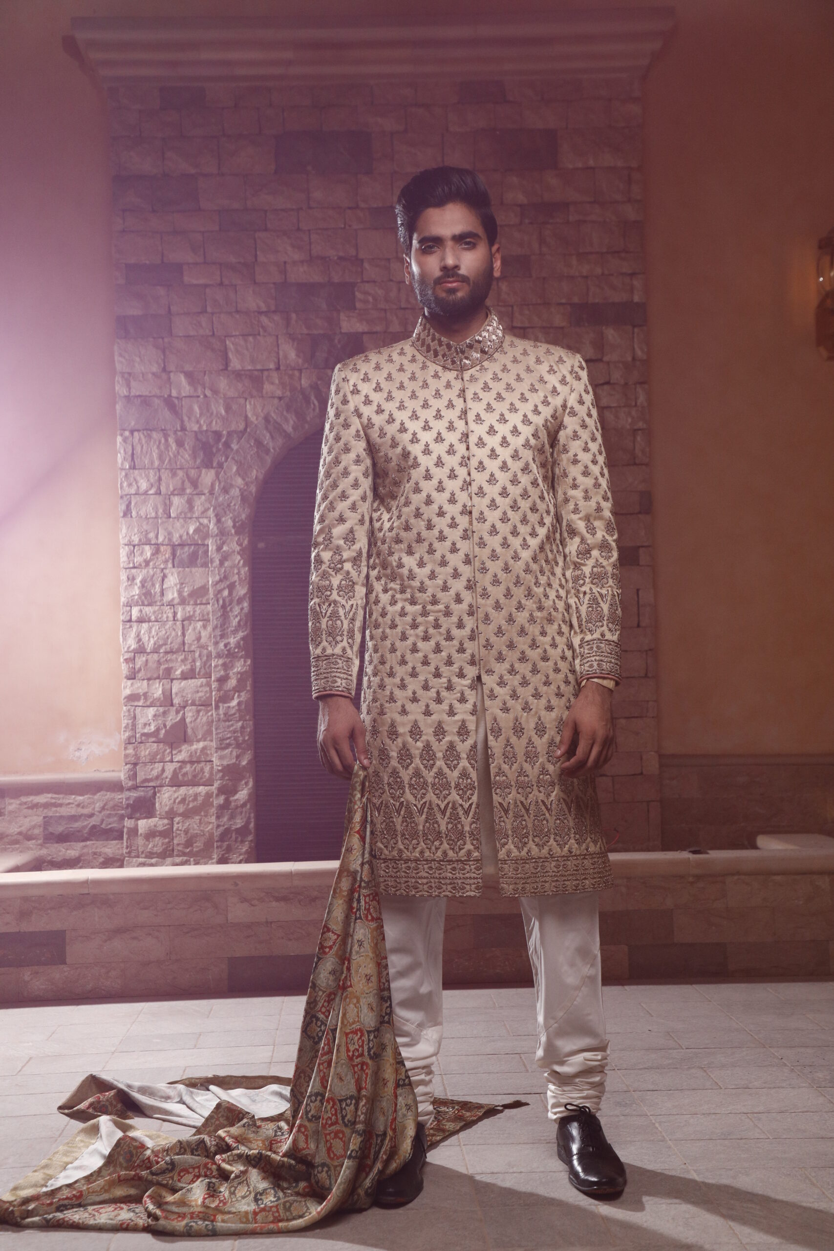 Off-White Embroidered Silk-Blend Groom Sherwani (3-Piece) - Image 2