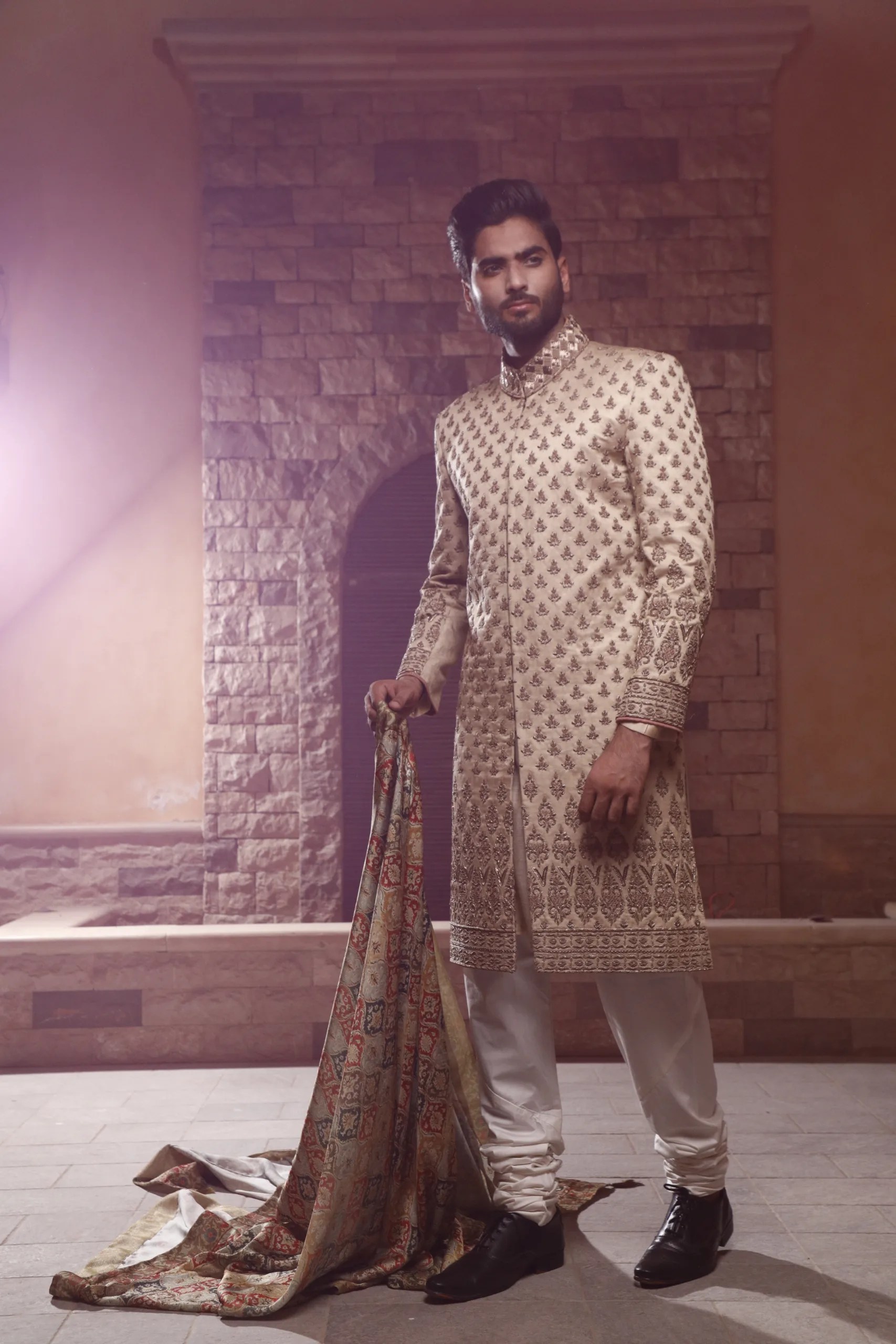 Off-White Embroidered Silk-Blend Groom Sherwani (3-Piece) - Image 3