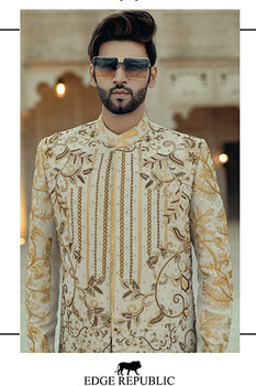 Ivory Gold Embroidered Silk-Blend Sherwani (2-Piece) - Image 2