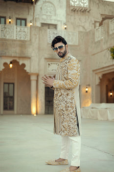 Ivory Gold Embroidered Silk-Blend Sherwani (2-Piece) - Image 3