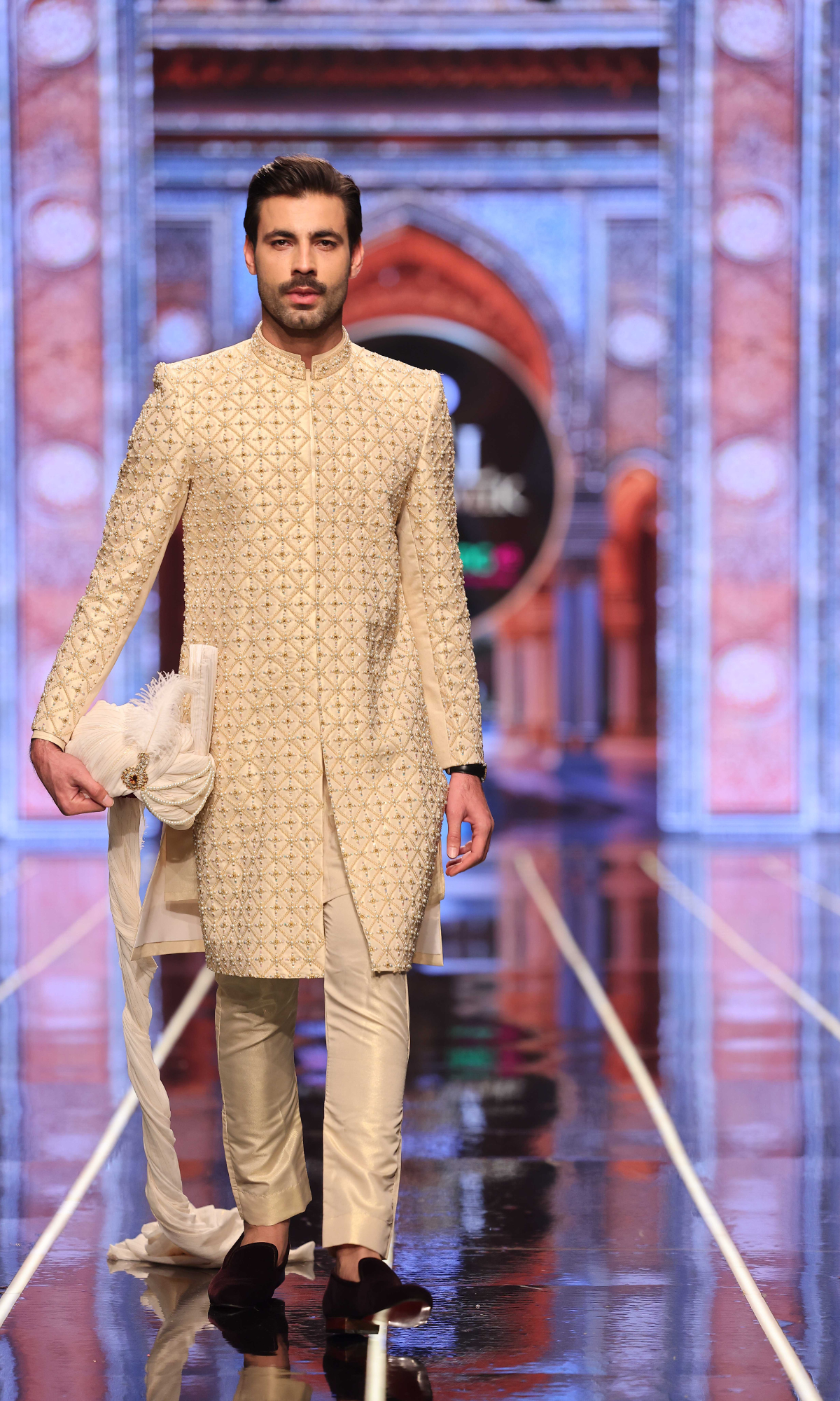 Ivory Geometric Embroidered Silk-Blend Sherwani (2-Piece) - Image 1