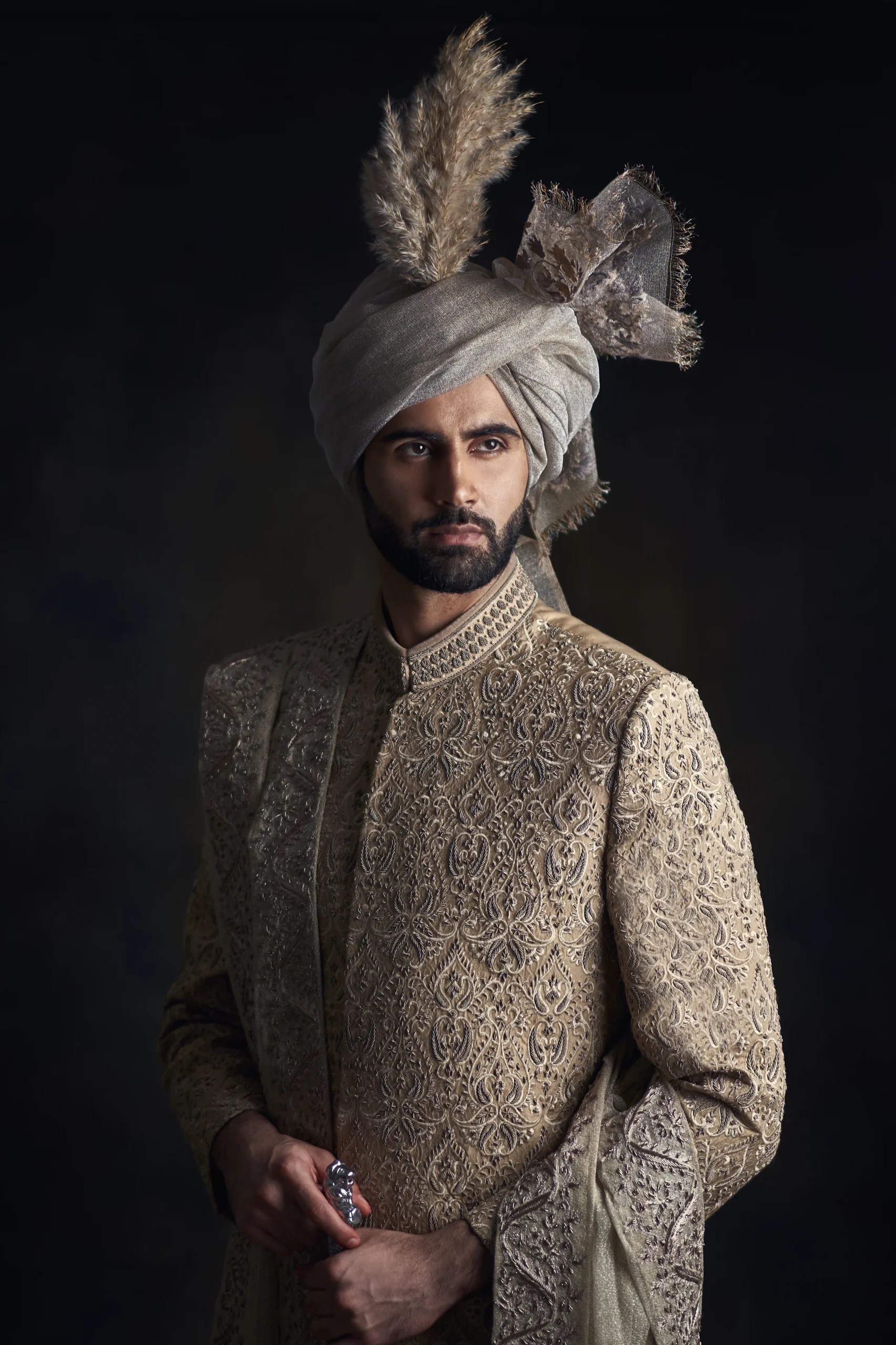 Parchment Off-White Embroidered Silk-Blend Groom Sherwani (3-Piece) - Image 4