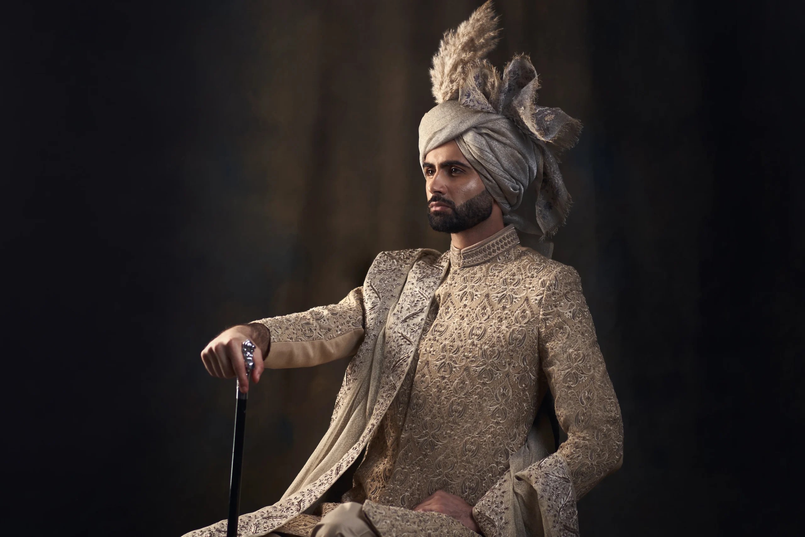 Parchment Off-White Embroidered Silk-Blend Groom Sherwani (3-Piece) - Image 5