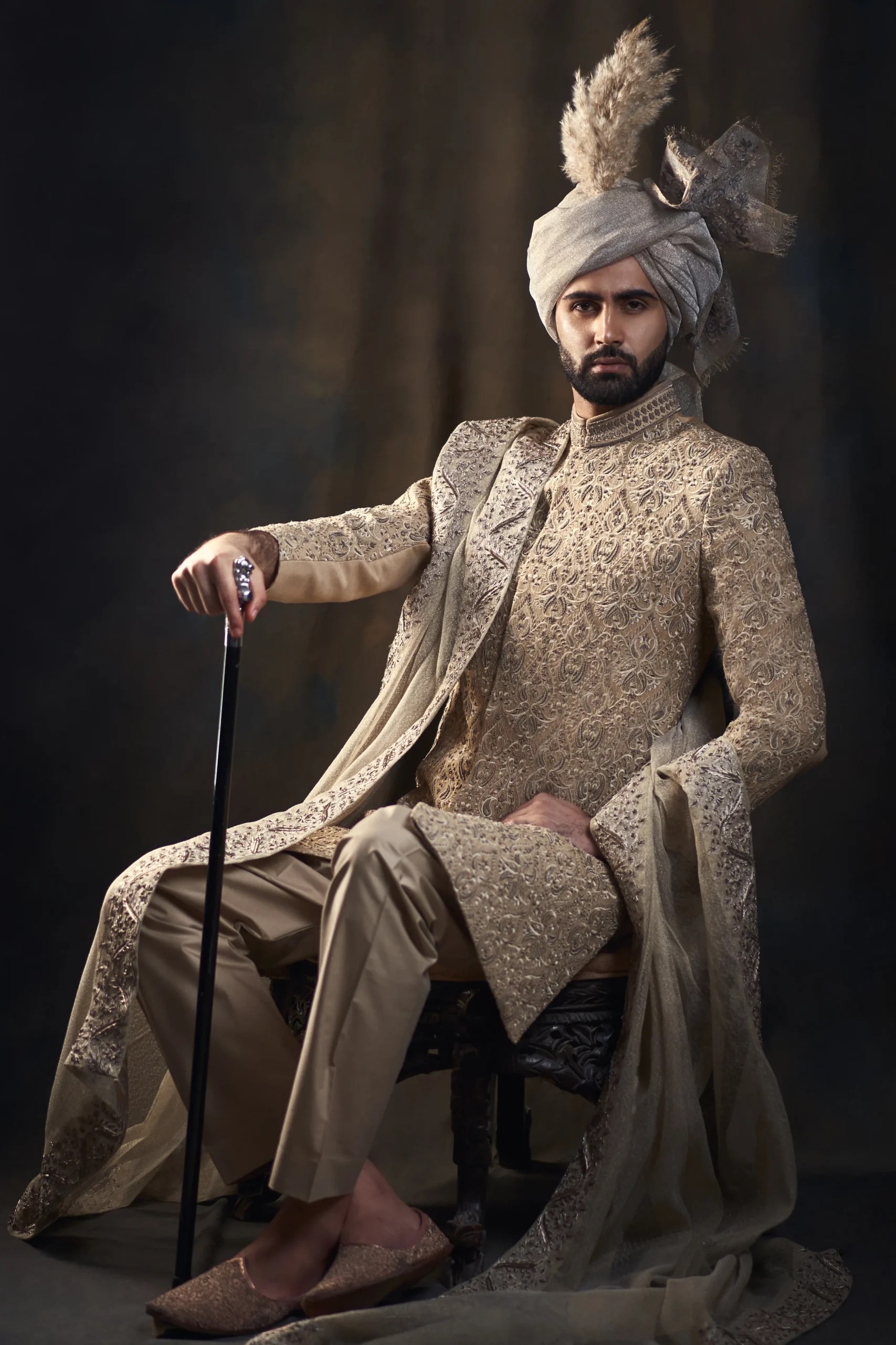 Parchment Off-White Embroidered Silk-Blend Groom Sherwani (3-Piece) - Image 6