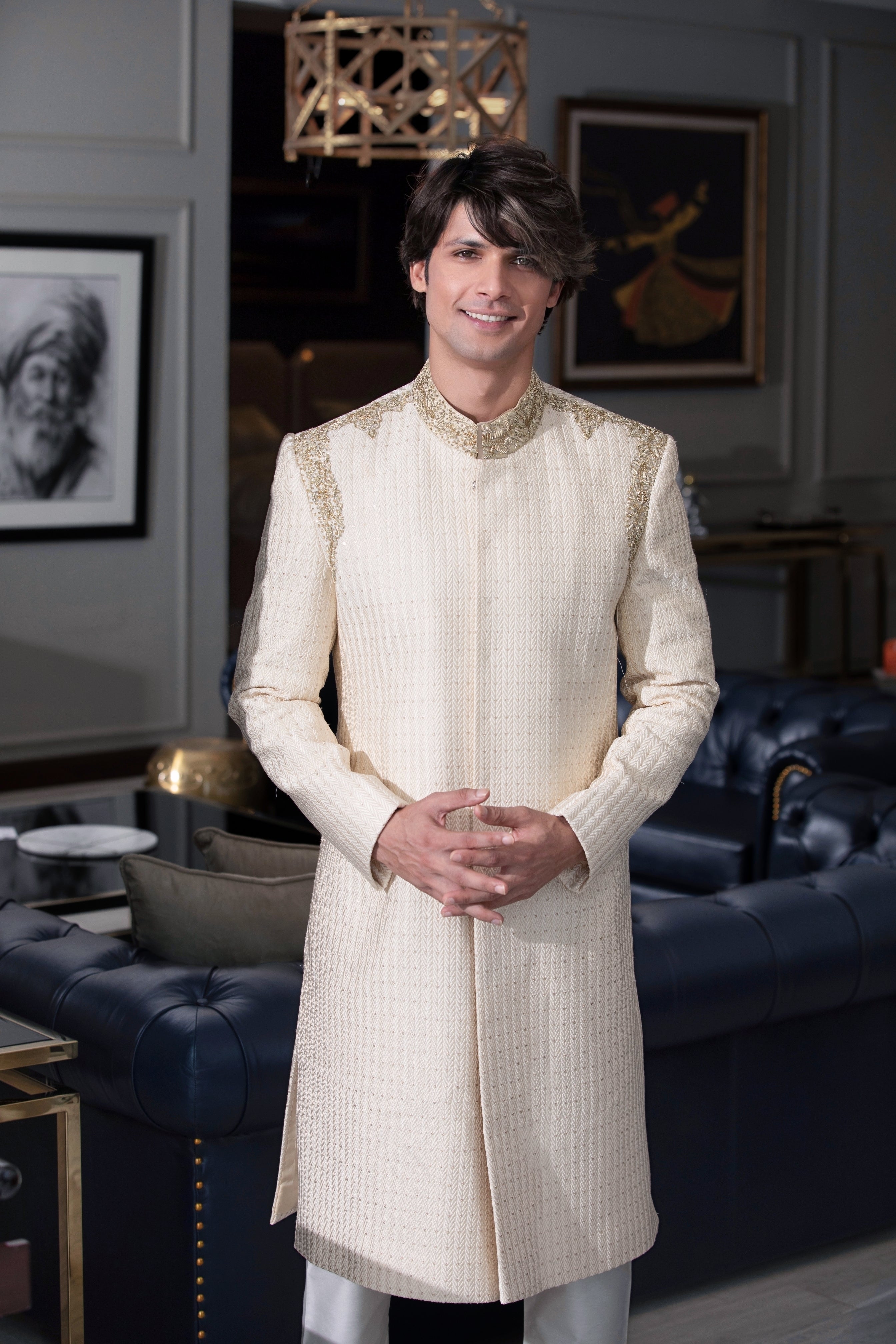 Cream Hand-Embroidered Silk-Blend Sherwani (2-Piece) - Image 1